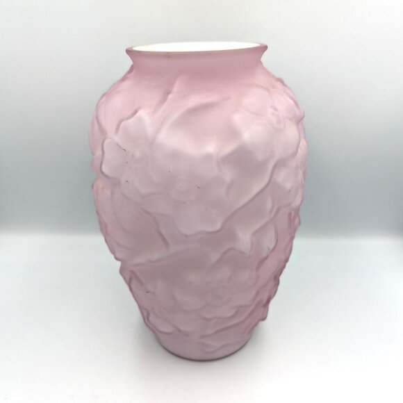 Fenton PINK 10.5" Tall EMBOSSED Dogwood Flowers Frosted Matte Finish White Satin - Picture 1 of 6